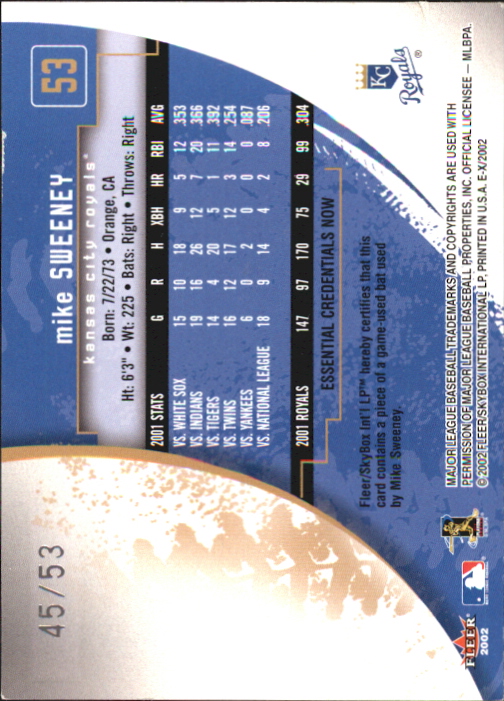 2002 E-X Essential Credentials Now #53 Mike Sweeney Bat/53 back image
