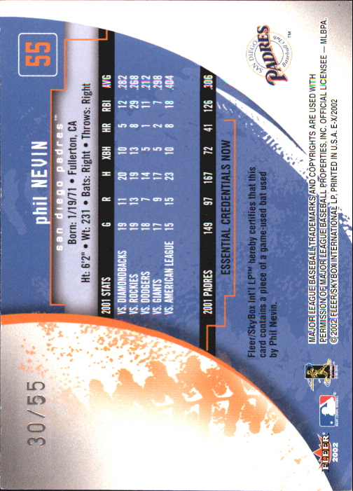 2002 E-X Essential Credentials Now #55 Phil Nevin Bat/55 back image