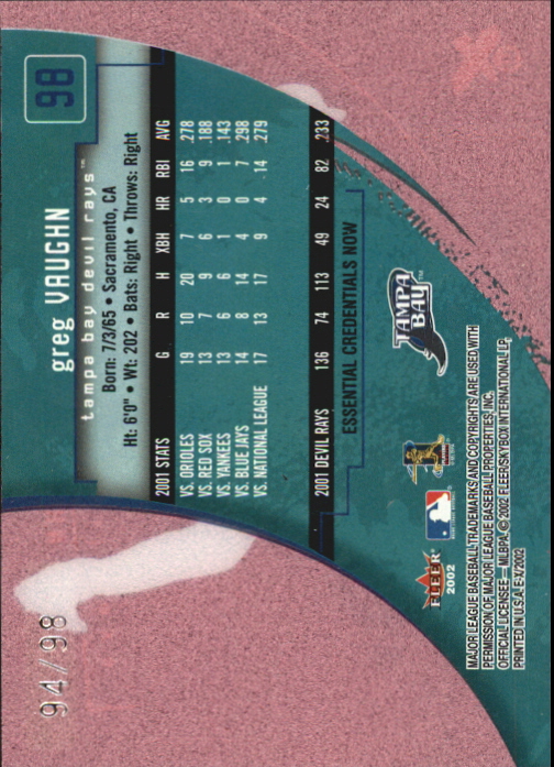 2002 E-X Essential Credentials Now #98 Greg Vaughn/98 back image