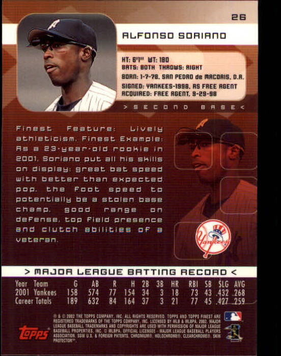 2002 Finest #26 Alfonso Soriano back image