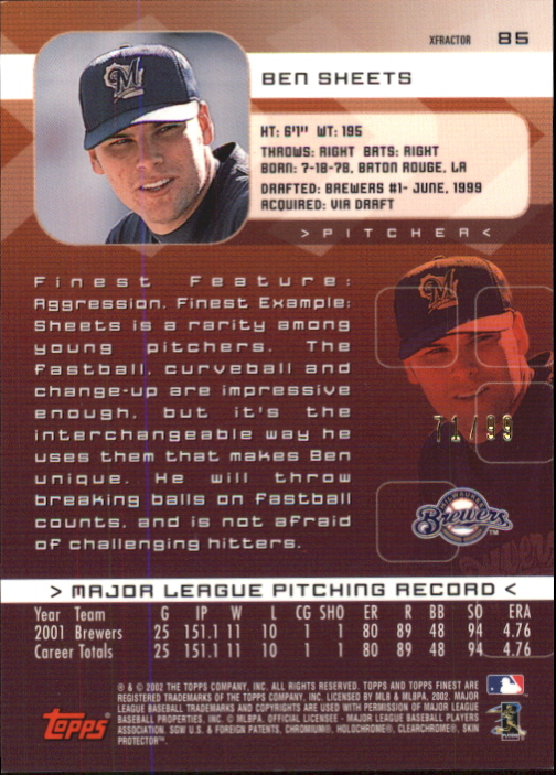 2002 Finest Xfractors Protectors #85 Ben Sheets