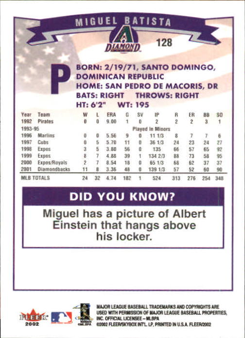 2002 Fleer Baseball "Main Set" Base Cards #1 to #250 - Picture 249 of 487