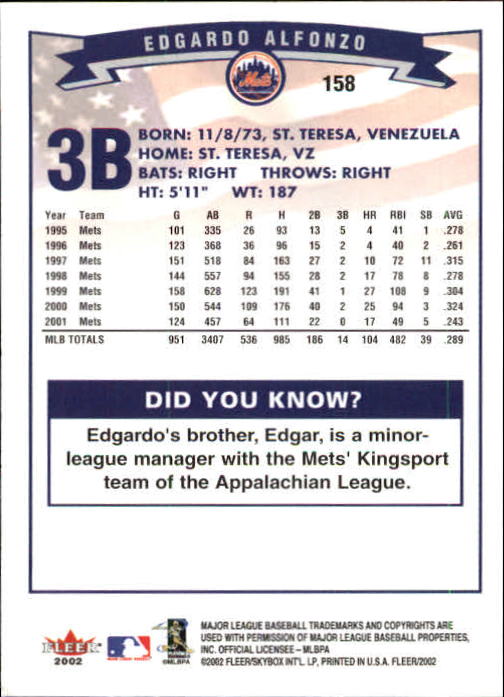 2002 Fleer Baseball "Main Set" Base Cards #1 to #250 - Picture 307 of 487