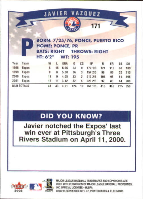 2002 Fleer Baseball "Main Set" Base Cards #1 to #250 - Picture 333 of 487