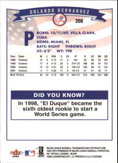 2002 Fleer Baseball "Main Set" Base Cards #1 to #250 - Picture 406 of 487