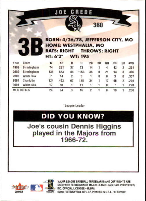 2002 Fleer #360 Joe Crede back image