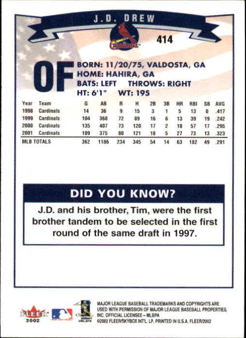 2002 Fleer #414 J.D. Drew back image