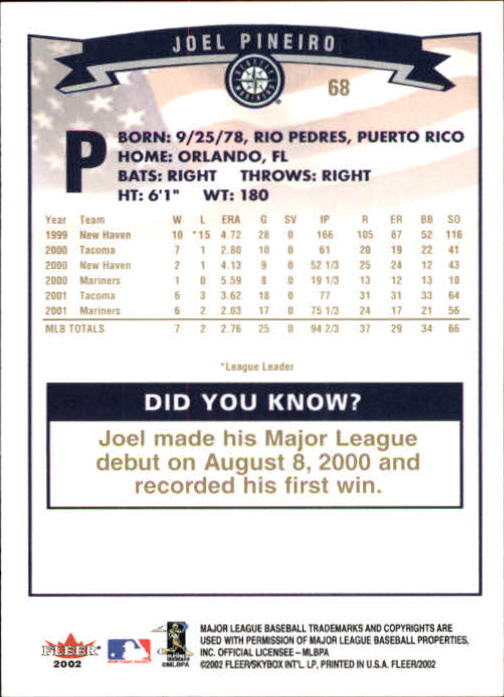 2002 Fleer Gold Backs #68 Joel Pineiro back image