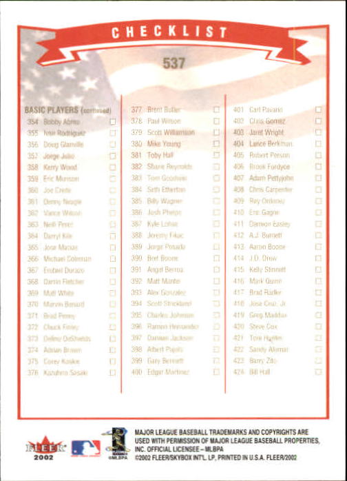 2002 Fleer Baseball "Gold Backs" Parallel Cards - Picture 398 of 398