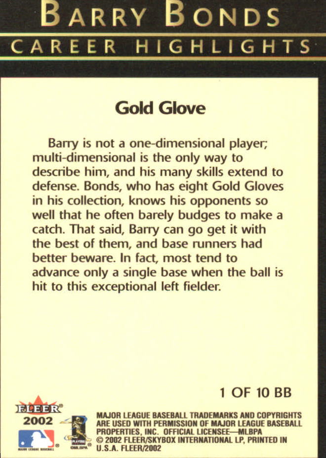 Fleer Baseball 2002 "Barry Bonds Career Highlights" Inserto carte - Foto 3 di 19