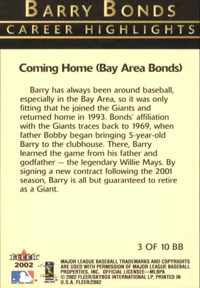 Fleer Baseball 2002 "Barry Bonds Career Highlights" Inserto carte - Foto 7 di 19