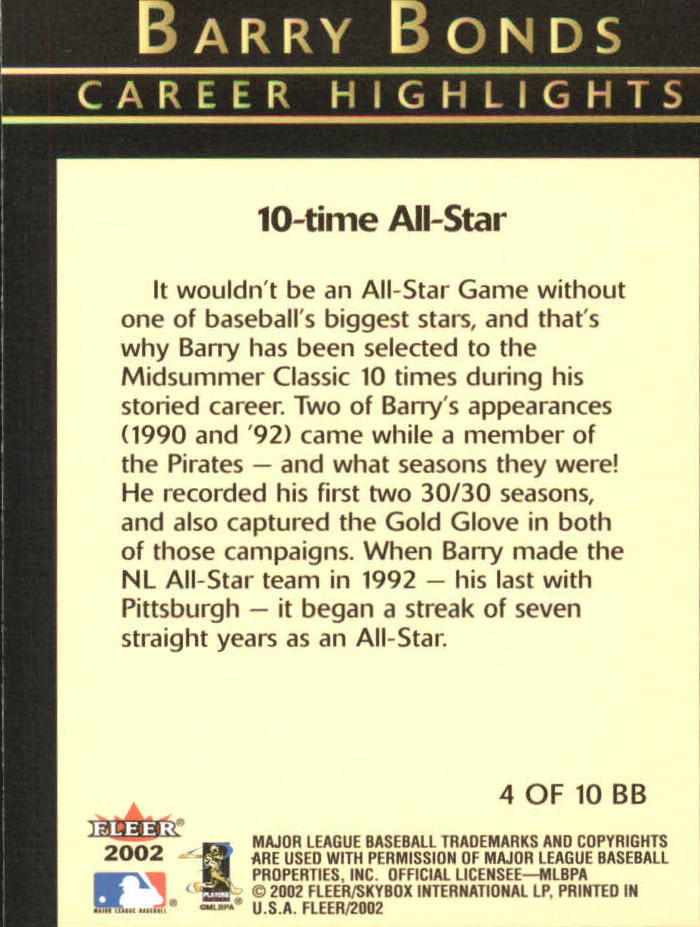 2002 Fleer Barry Bonds Career Highlights #4 Barry Bonds back image