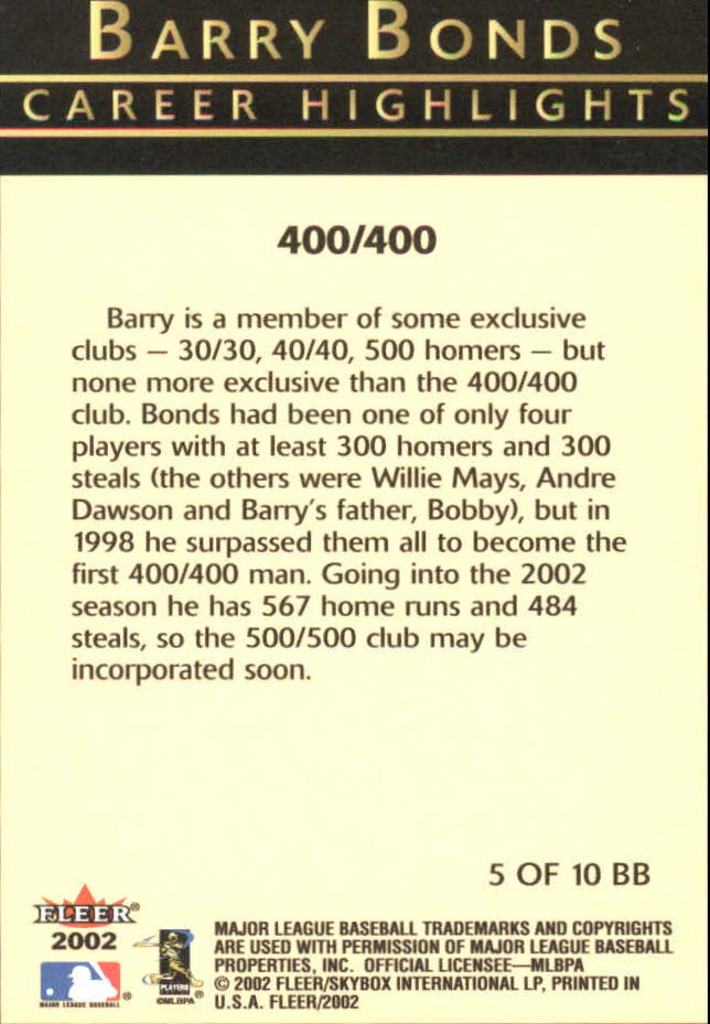 Fleer Baseball 2002 "Barry Bonds Career Highlights" Inserto carte - Foto 11 di 19