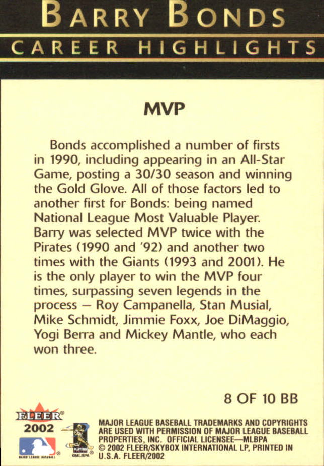 Fleer Baseball 2002 "Barry Bonds Career Highlights" Inserto carte - Foto 15 di 19