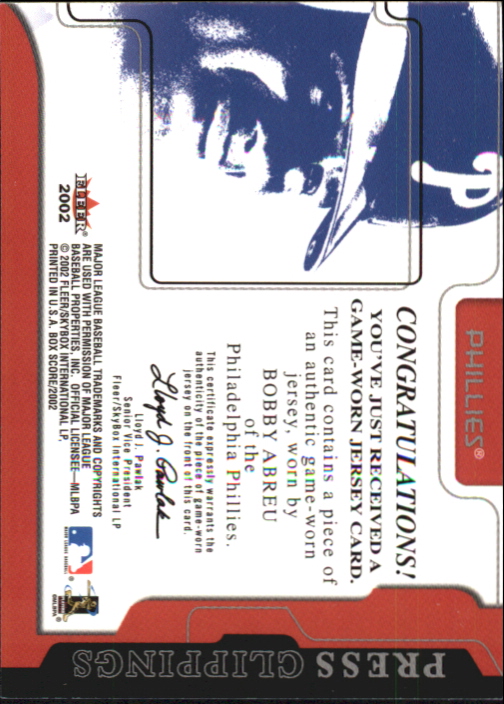 2002 Fleer Box Score Press Clippings Game Used #1 Bob Abreu Jsy back image