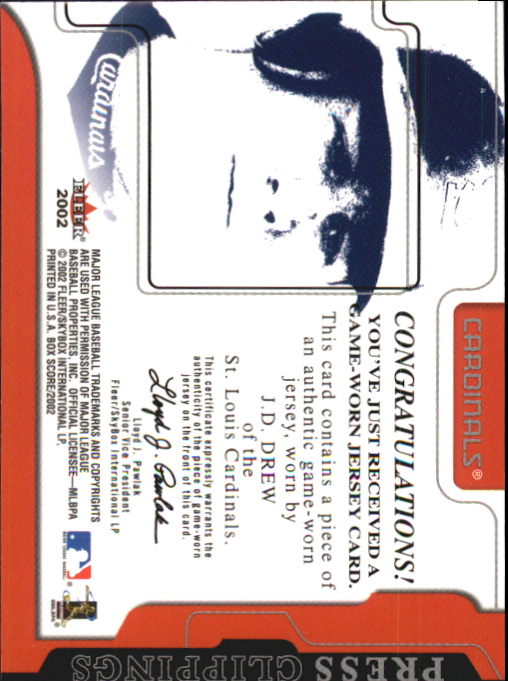 2002 (CARDINALS) Fleer Box Score Press Clippings Game Used #5 J.D. Drew Jsy | eBay
