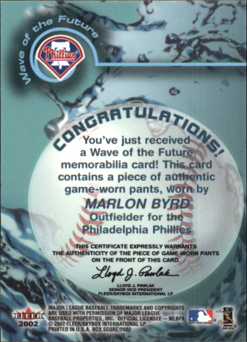2002 Fleer Box Score Wave of the Future Game Used #3 Marlon Byrd Pants back image