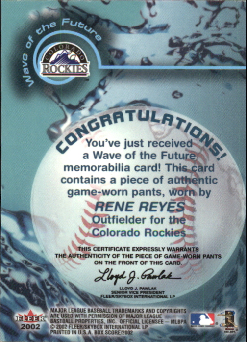 2002 Fleer Box Score Wave of the Future Game Used #6 Rene Reyes Pants back image