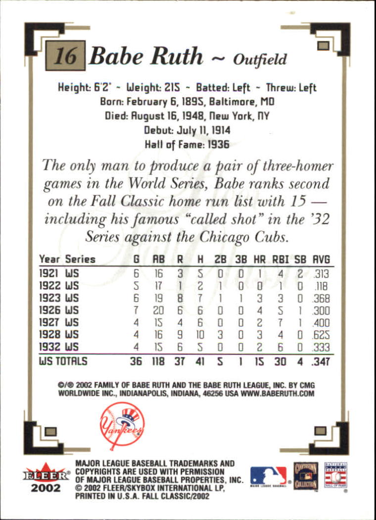 2002 Fleer Fall Classics #16A Babe Ruth Yankees back image