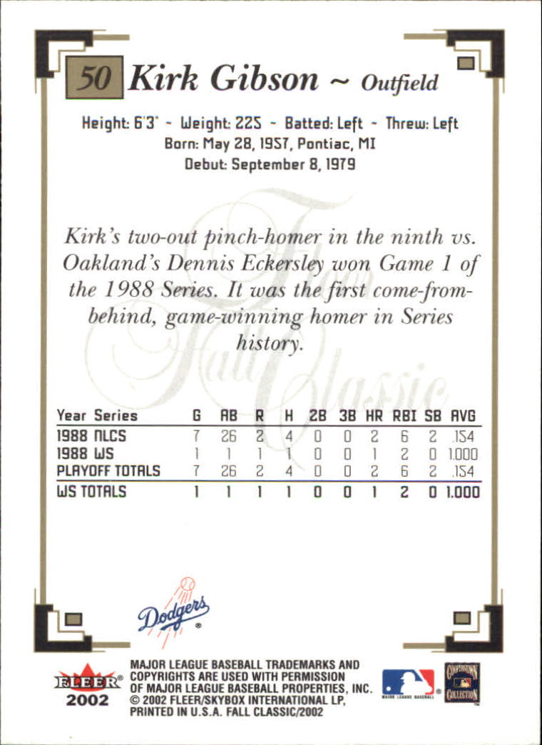 2002 Fleer Fall Classics #50A Kirk Gibson Dodgers back image