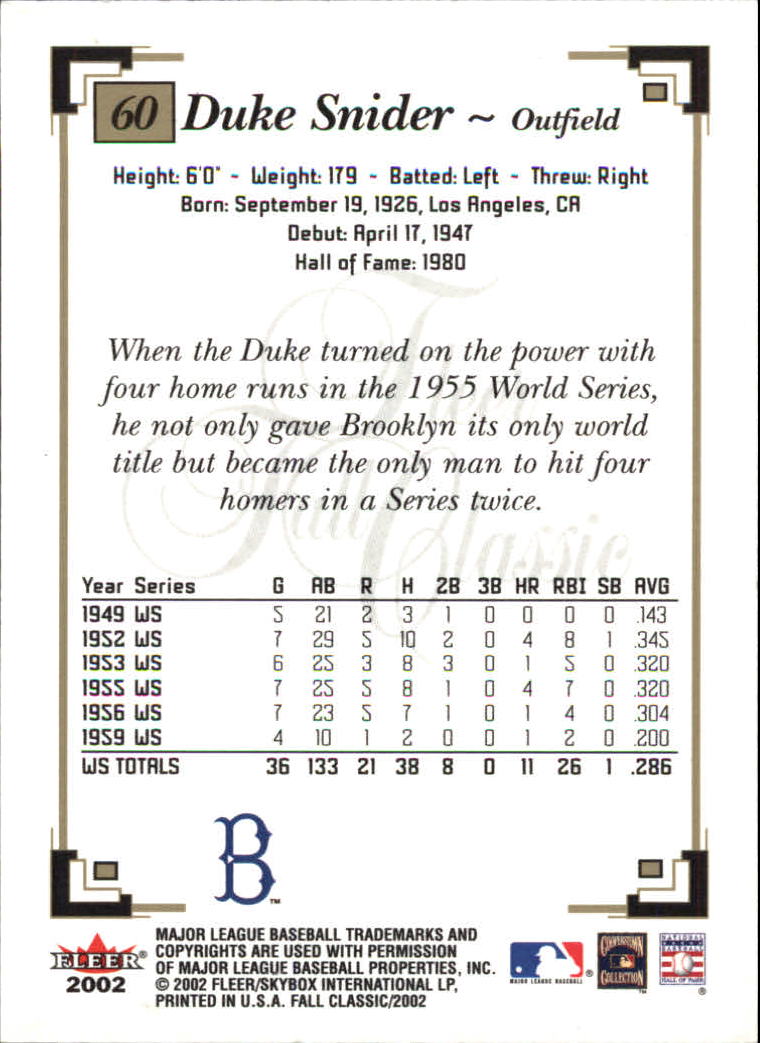 2002 Fleer Fall Classics #60 Duke Snider back image