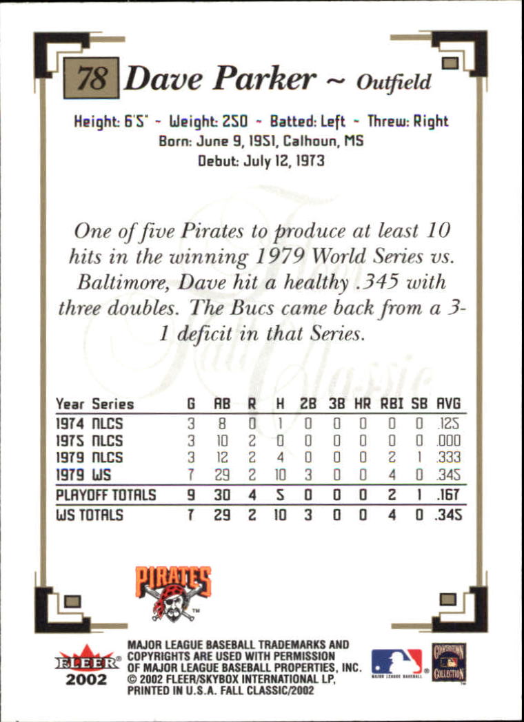 2002 Fleer Fall Classics #78A Dave Parker Pirates back image