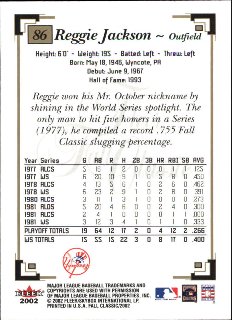 2002 Fleer Fall Classics #86A Reggie Jackson Yankees back image