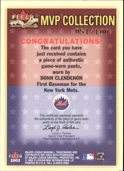 2002 Fleer Fall Classics MVP Collection Game Used Gold #DC Donn Clendenon Pants back image