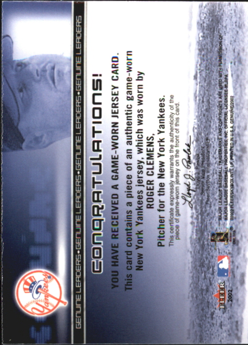 2002 Fleer Genuine Leaders Game Jersey #3 Roger Clemens back image