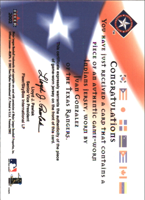 2002 Fleer Premium International Pride Game Used #2 Juan Gonzalez Jsy