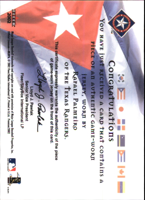 2002 Fleer Premium International Pride Game Used #5 Rafael Palmeiro Jsy back image