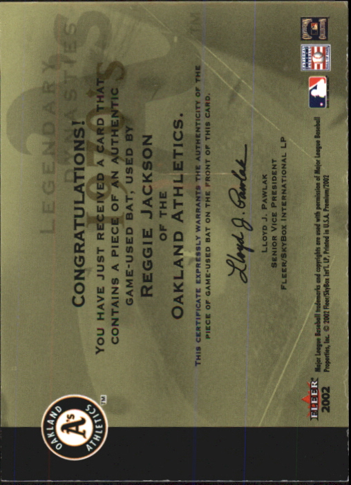 2002 Fleer Premium Legendary Dynasties Game Used #8 Reggie Jackson Bat SP/250 back image