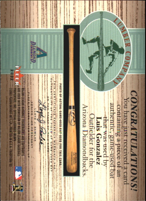 2002 Fleer Tradition Lumber Company Game Bat #9 Luis Gonzalez back image