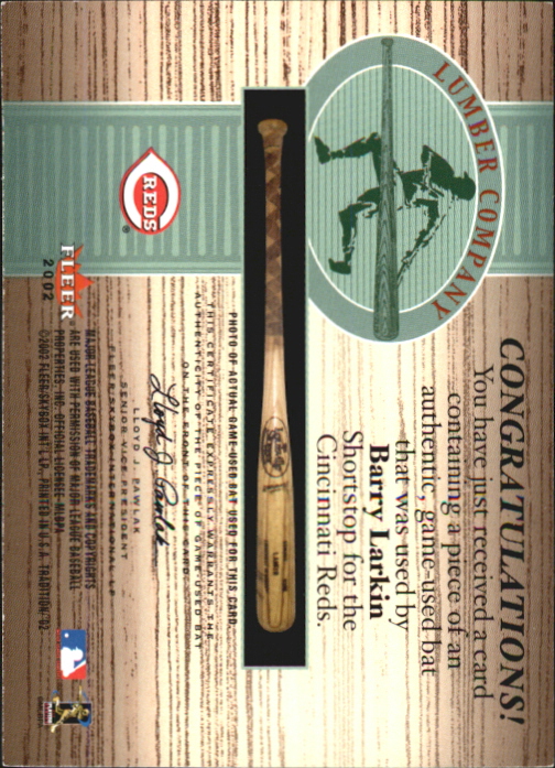 2002 Fleer Tradition Lumber Company Game Bat #16 Barry Larkin back image