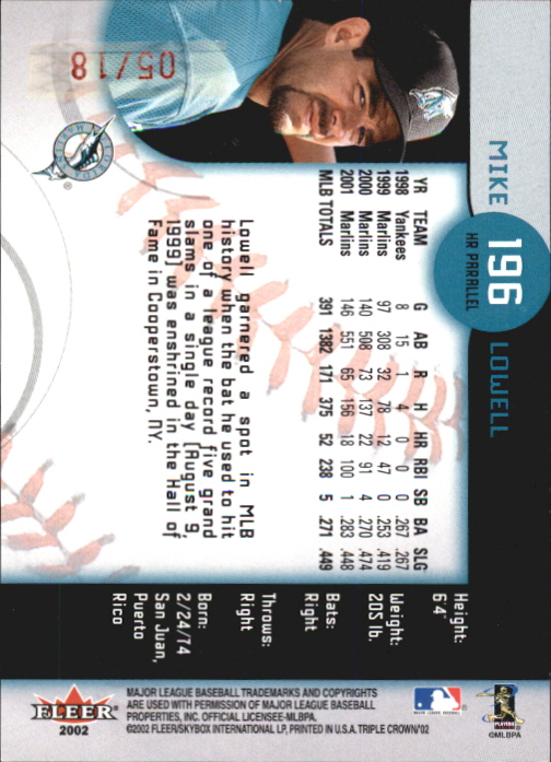 2002 Fleer Triple Crown Home Run Parallel #196 Mike Lowell/18 back image