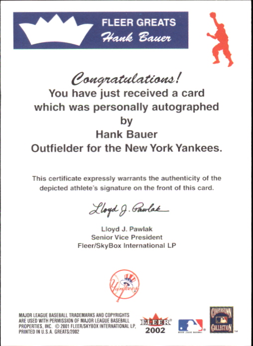 2002 Greats of the Game Autographs #HB Hank Bauer back image