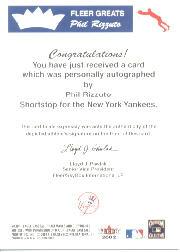 2002 Greats of the Game Autographs #PR Phil Rizzuto SP/300 back image