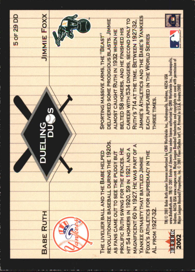 2002 Greats of the Game Dueling Duos #5 B.Ruth/J.Foxx back image
