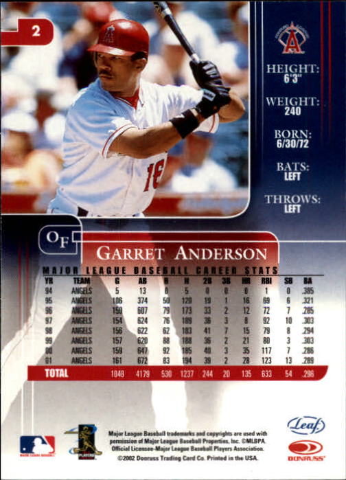 2002 Leaf Rookies and Stars #2 Garret Anderson back image