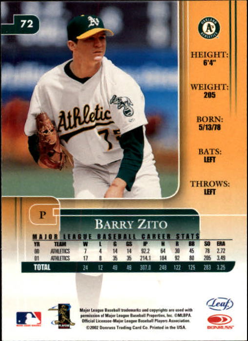 2002 Leaf Rookies and Stars #72 Barry Zito back image