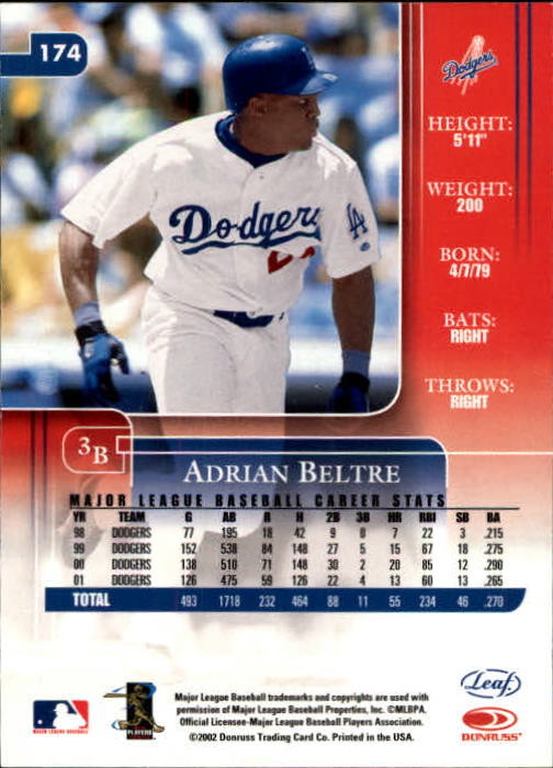 2002 Leaf Rookies and Stars #174 Adrian Beltre back image