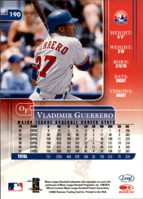 2002 Leaf Rookies and Stars #190 Vladimir Guerrero back image
