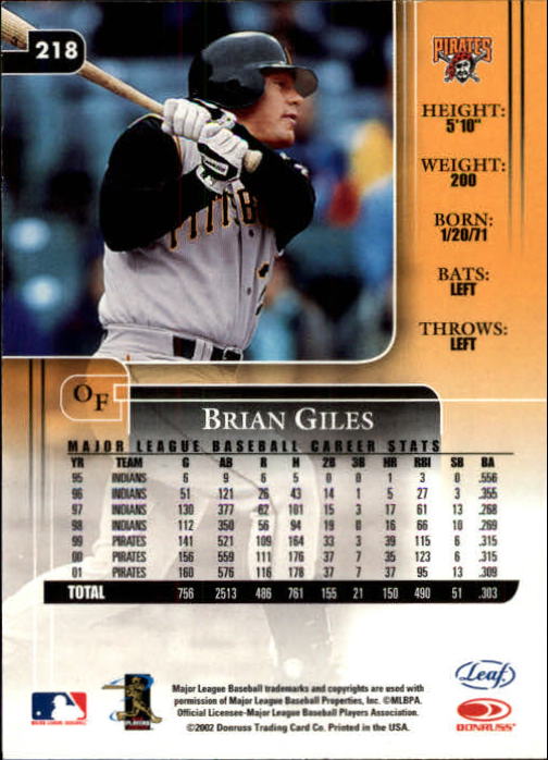 2002 Leaf Rookies and Stars #218 Brian Giles Pirates back image