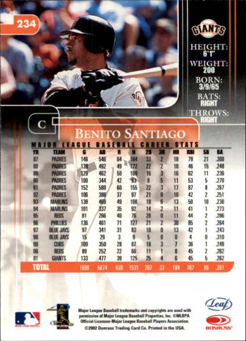 2002 Leaf Rookies and Stars #234 Benito Santiago Giants - @WHS - NM-MT