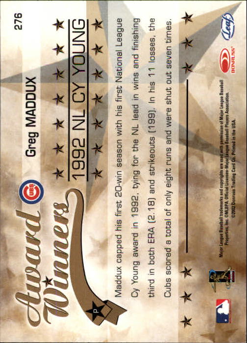2002 Leaf Rookies and Stars #276 Greg Maddux 92 CY back image