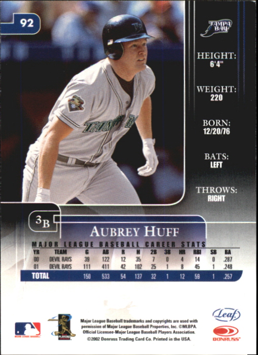 2002 Leaf Rookies and Stars Great American Signings #92 Aubrey Huff/175* back image