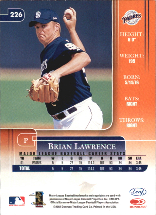 2002 Leaf Rookies and Stars Great American Signings #226 Brian Lawrence/175* back image