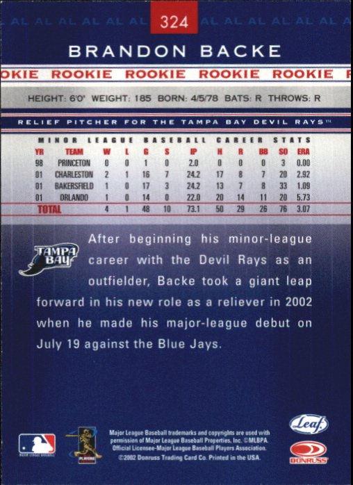2002 Leaf Rookies and Stars Great American Signings #324 Brandon Backe/175* back image