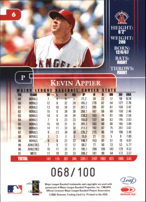 2002 Leaf Rookies and Stars Longevity #6 Kevin Appier Angels back image