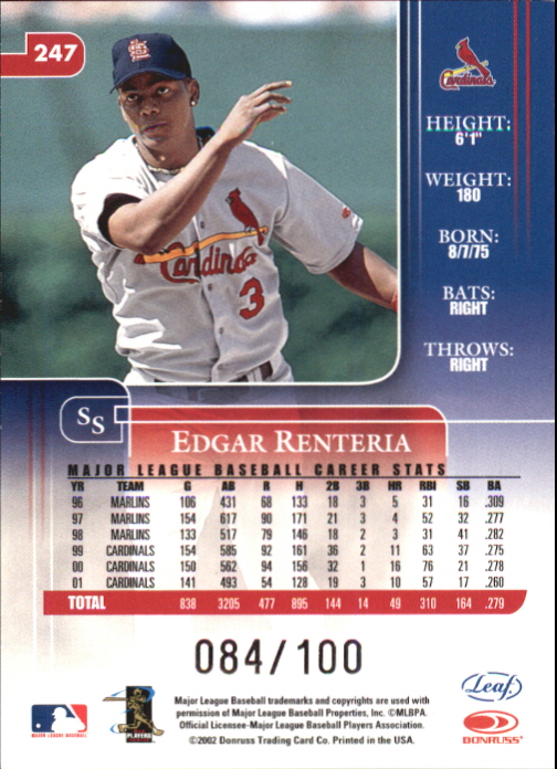 2002 Leaf Rookies and Stars Longevity #247 Edgar Renteria back image